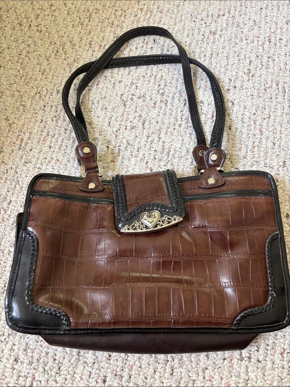 Brown Croc-Embossed Leather Tote with Black Trim